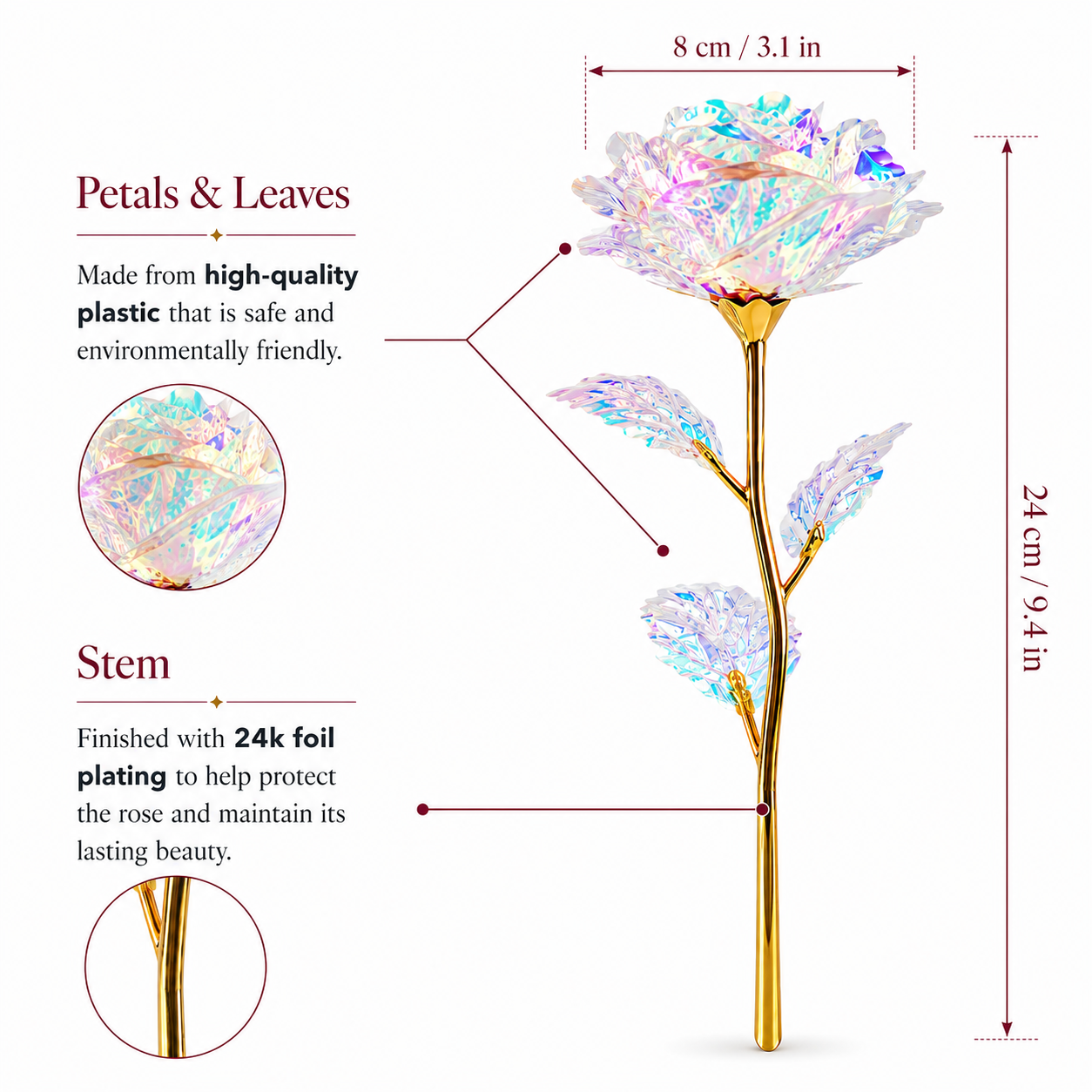 24K Gold Foil Rose Flower Iridescent Gift